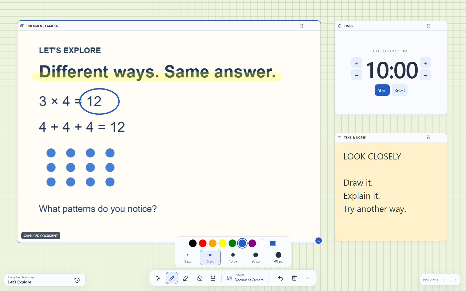 Actual Document Camera displaying a captured math worksheet with a highlighted heading, circled answer, and annotation toolbar