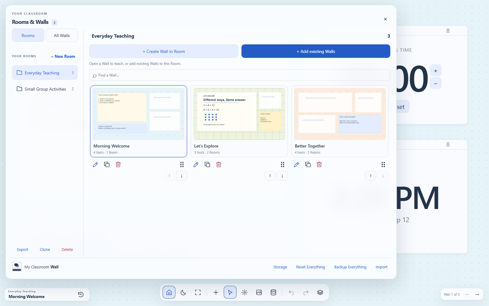 Actual Rooms and Walls interface showing folders and three Wall previews
