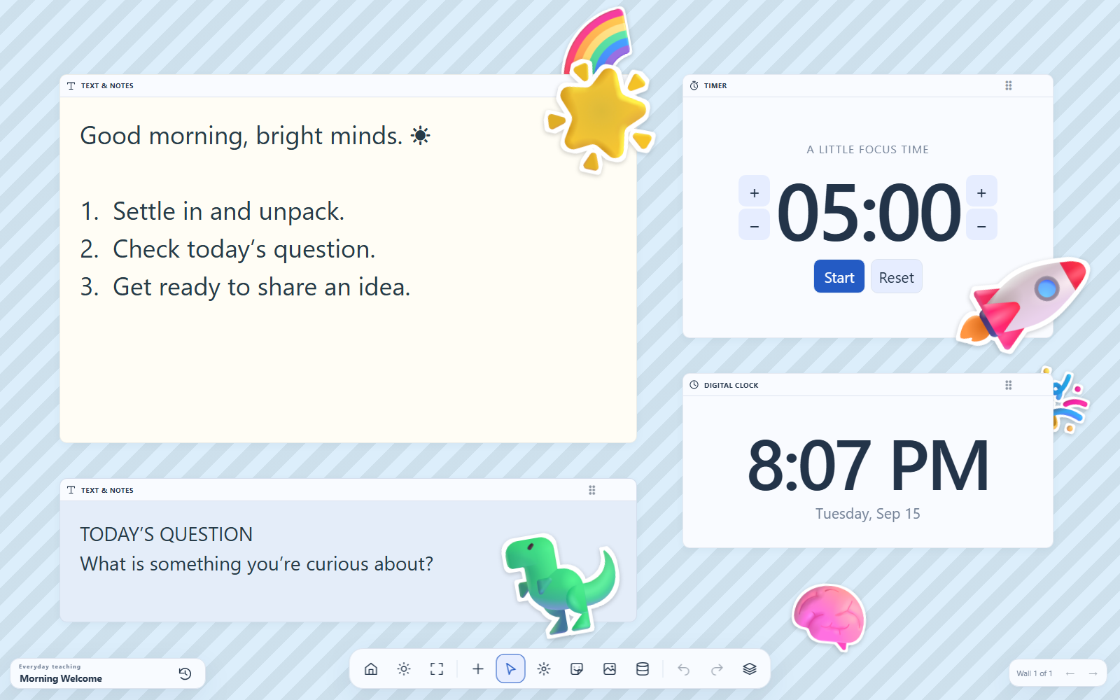 The real My Classroom Wall app decorated with white-outlined star, dinosaur, rocket, rainbow, brain, and celebration stickers