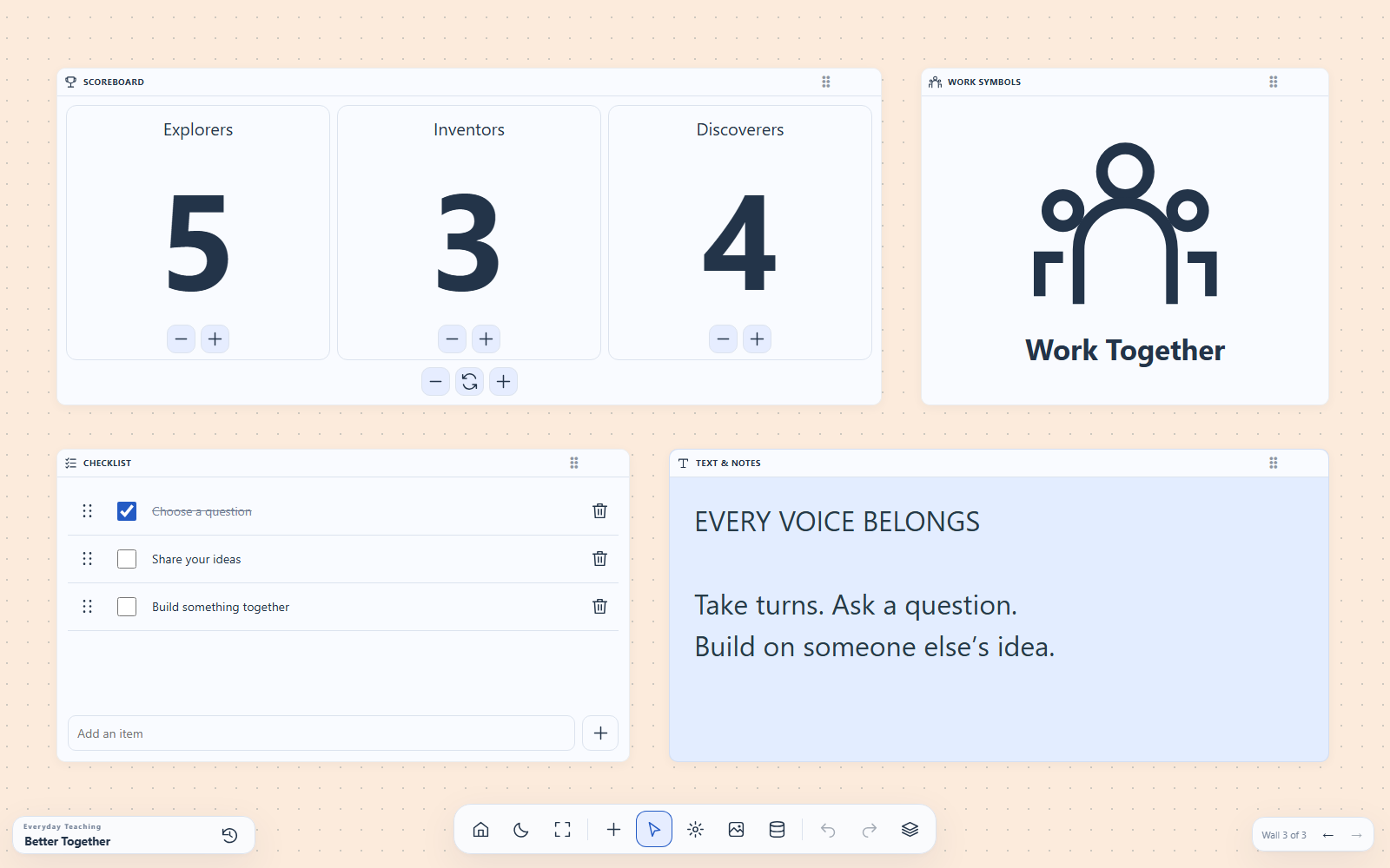 Actual app with a three-team scoreboard, Work Together symbol, checklist, and lesson notes