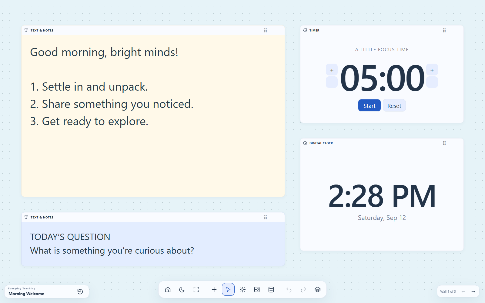 My Classroom Wall showing morning notes, a timer, digital clock, and its main toolbar